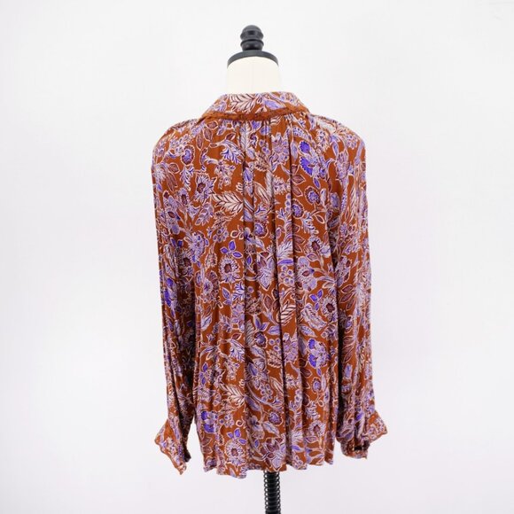 Democracy Collared Button Front Brown Blue Floral Lace Lined Shirt 1X Top Rayon - Picture 6 of 9